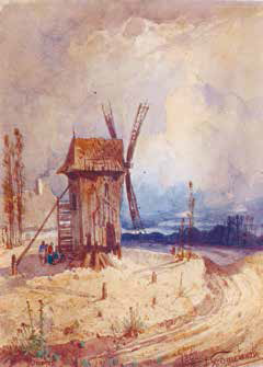 Józef Szermentowski, Pejzaż z wiatrakiem (1862), akwarela; CMN