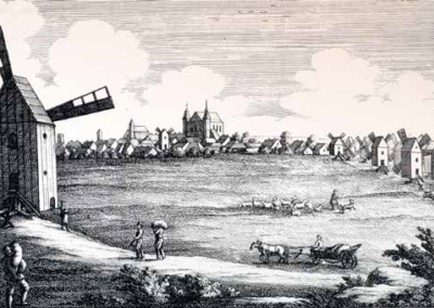 Rząd wiatraków w Górze (Guhrau) na rycinie C. F. Stuckarta z 1819 roku
